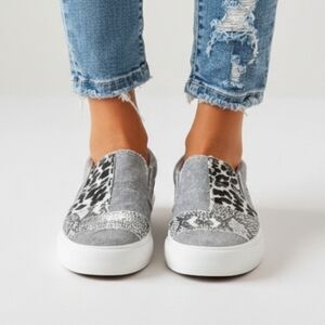 Stylish Gray Multi-Pattern Slip-On Sneakers Size 7.5